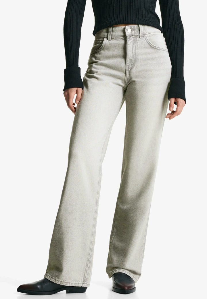 Sorvienne Relaxed High Waisted Wide Leg Jeans in Stone