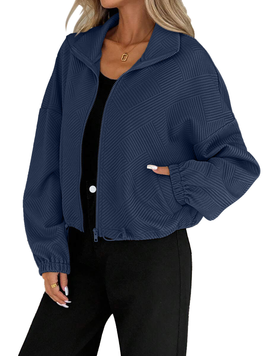 Sorvienne Relaxed Textured Funnel Neck Jacket in Navy
