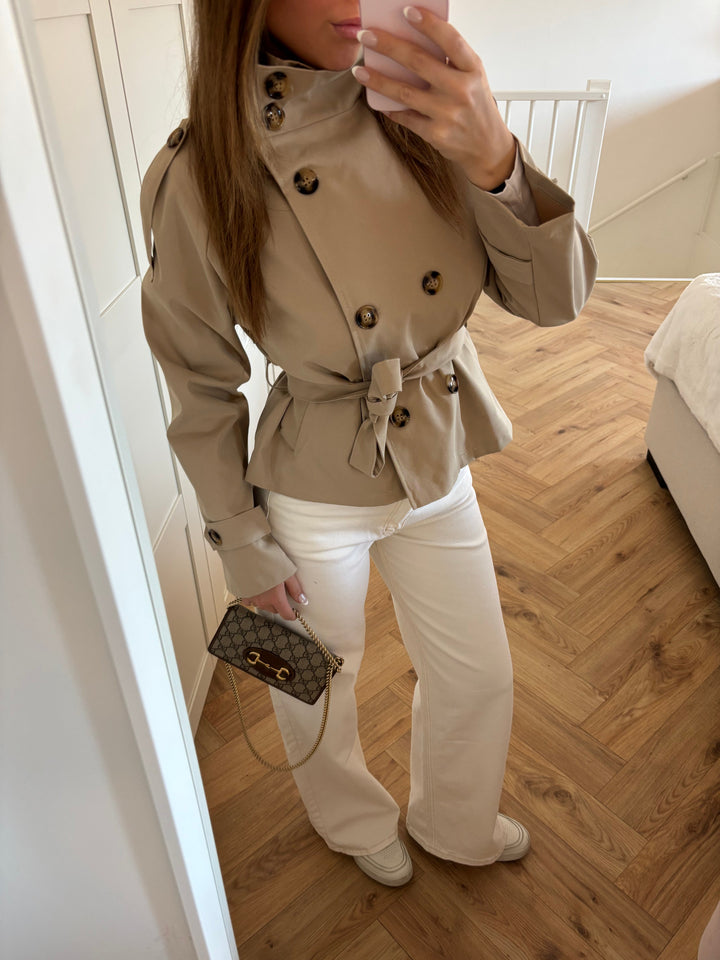 Sorvienne Relaxed Funnel Neck Short Trench Coat