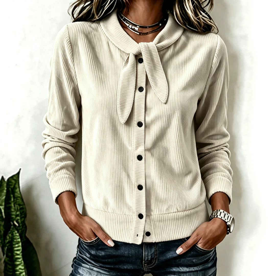 Sorvienne Slim Ribbed Tie Neck Cardigan in Cream