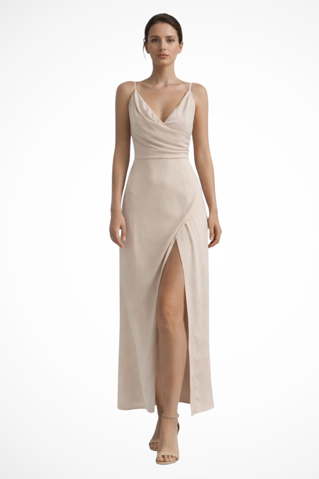 Sorvienne Women's Draped Bodice Side Slit Maxi Dress in Beige