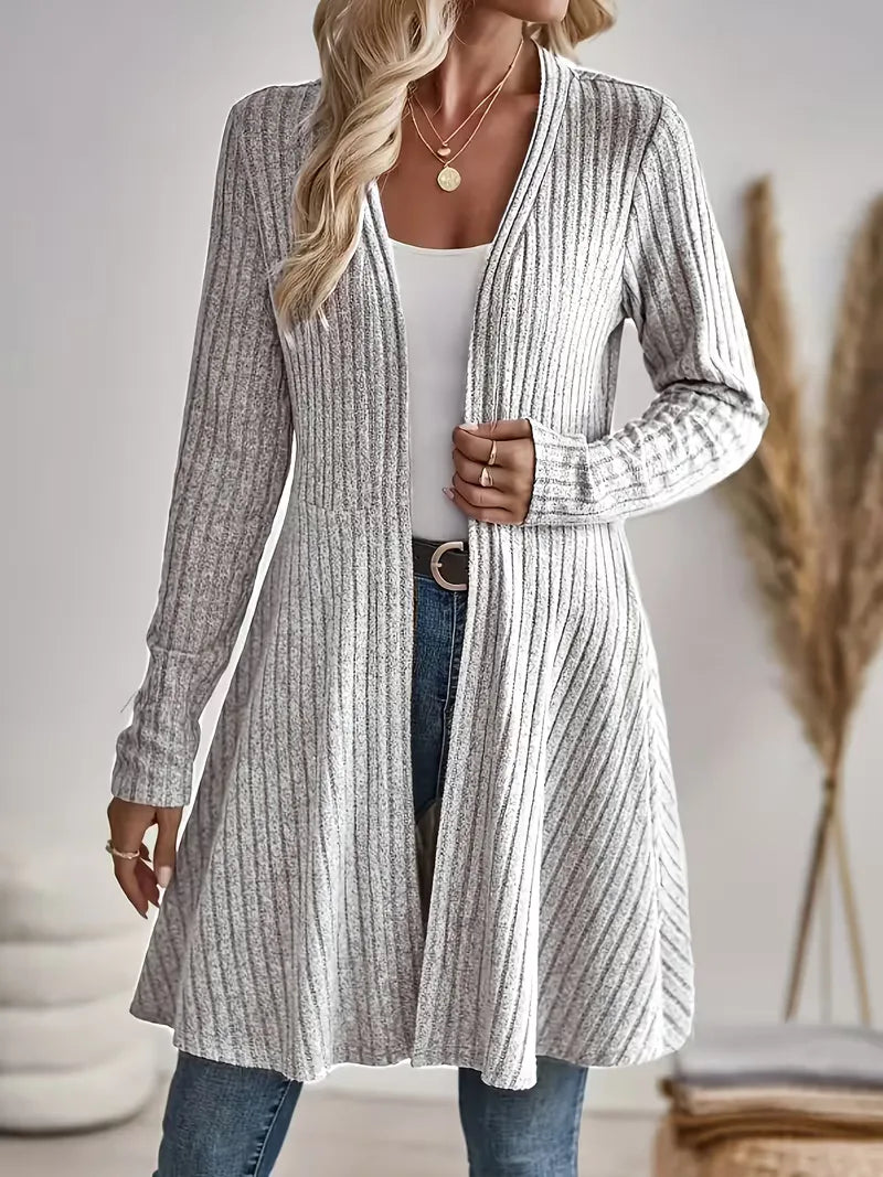 Sorvienne Ribbed Edge to Edge Longline Cardigan in Light Grey