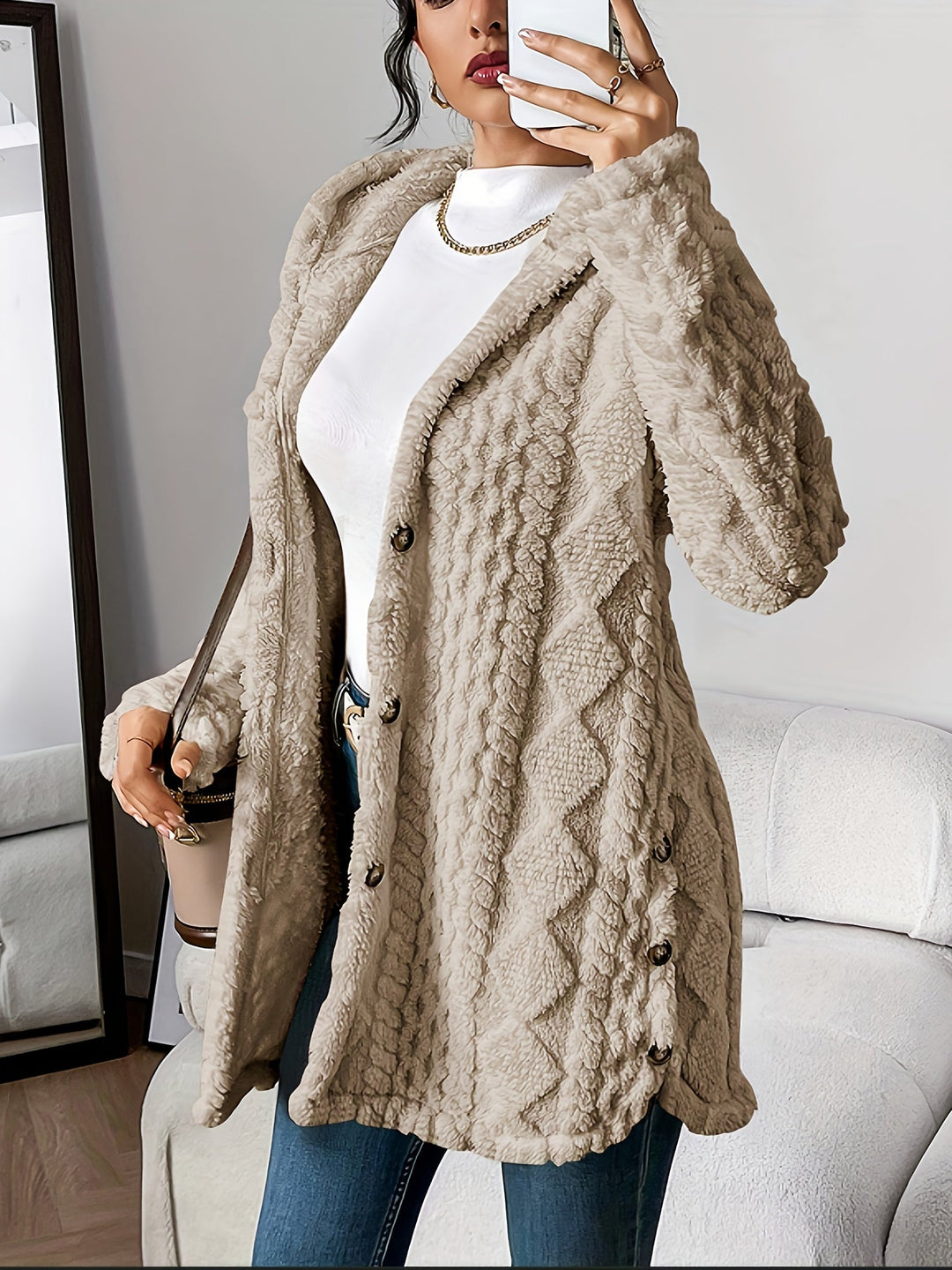 Sorvienne Relaxed Cable Texture Hooded Fleece Cardigan in Taupe