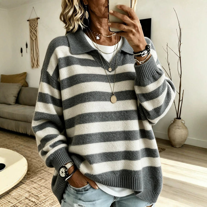 Sorvienne Relaxed Collared Striped Jumper in Grey Stripe