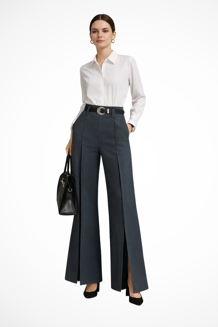 Sorvienne Women's Tailored Wide Leg Trousers in Dark Grey