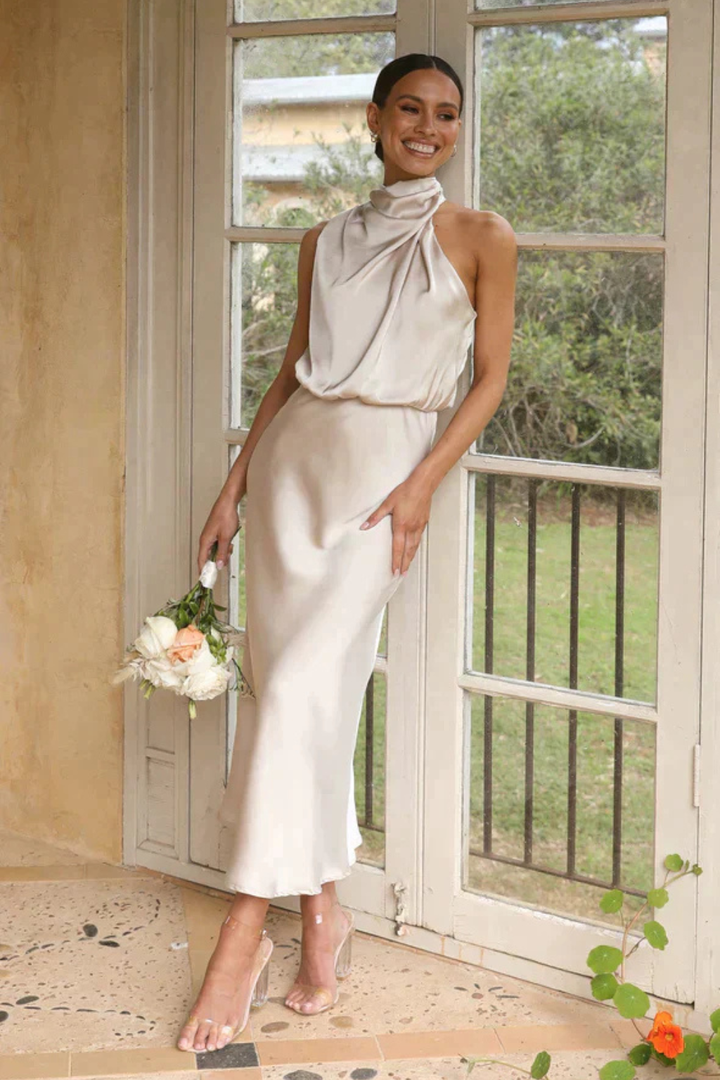 Sorvienne Women's Satin Halter Neck Midi Dress