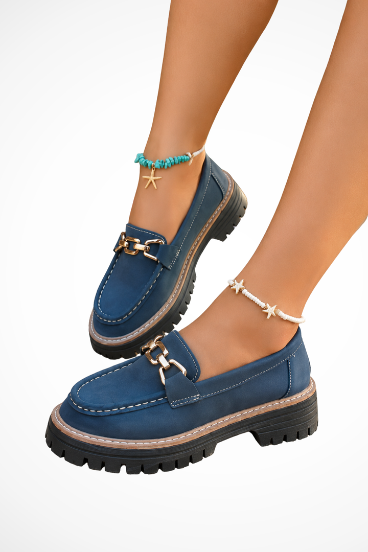 Sorvienne Chain Detail Chunky Orthopaedic Loafers in Blue