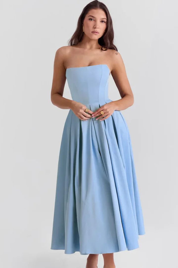 Sorvienne Women's Strapless Corset Flared Midi Dress