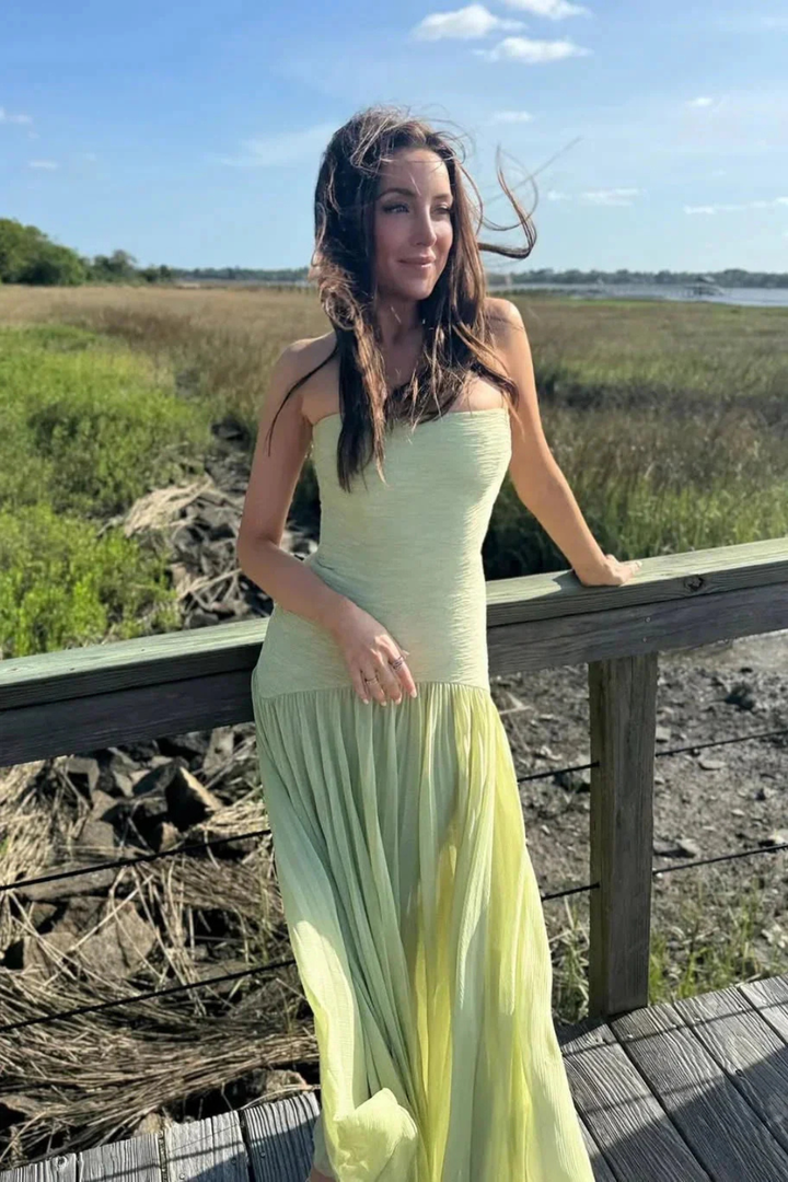 Sorvienne Strapless Pleated Drop-Waist Maxi Dress