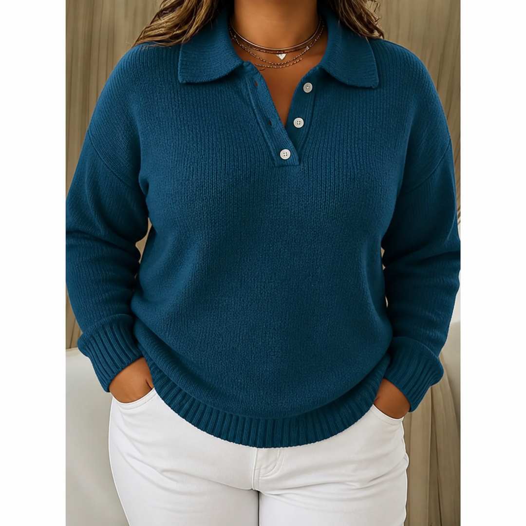 Sorvienne Relaxed Button Placket Polo Collar Jumper in Teal