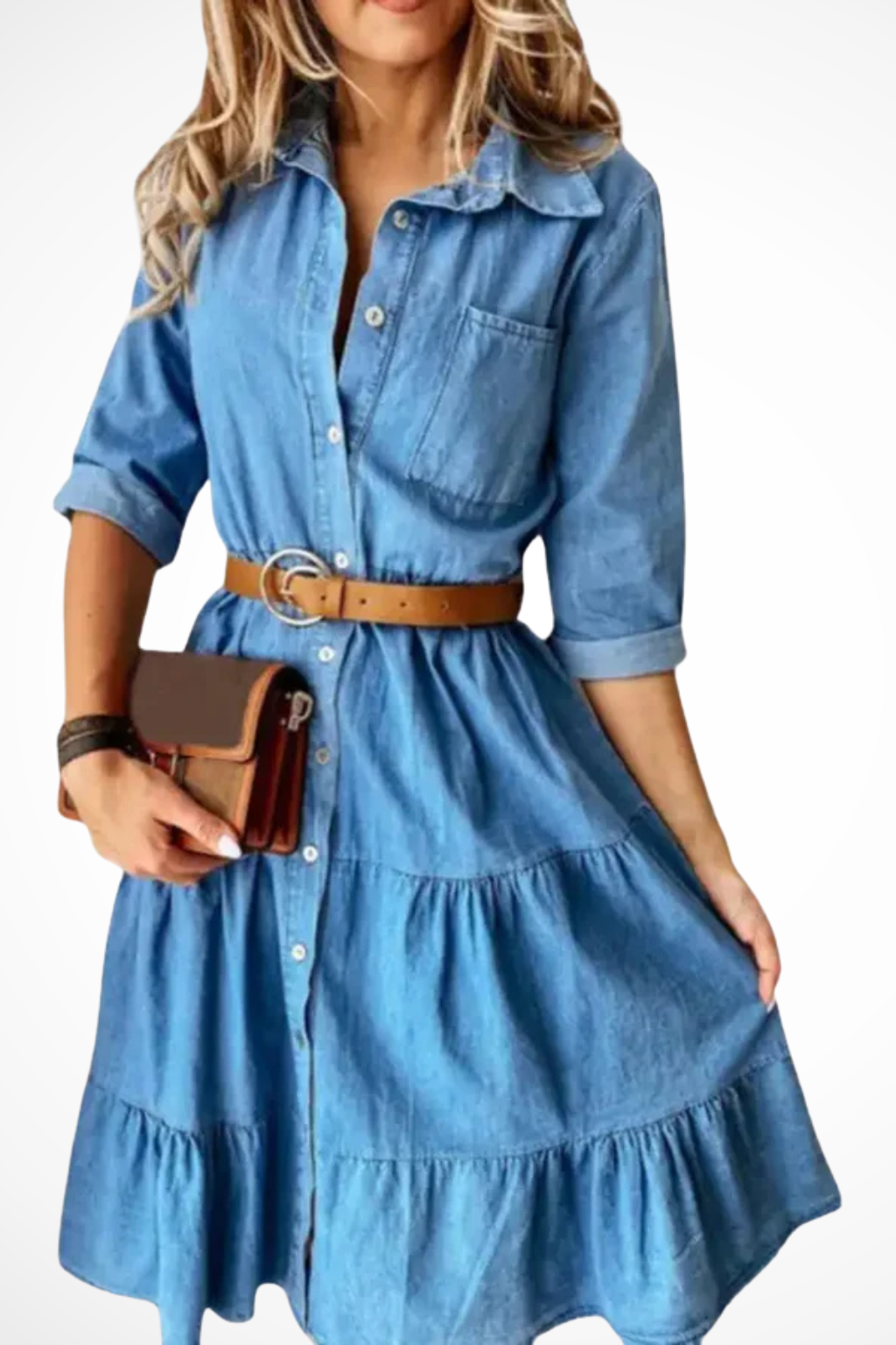 Sorvienne Women's Denim Tiered Midi Shirt Dress with Belt