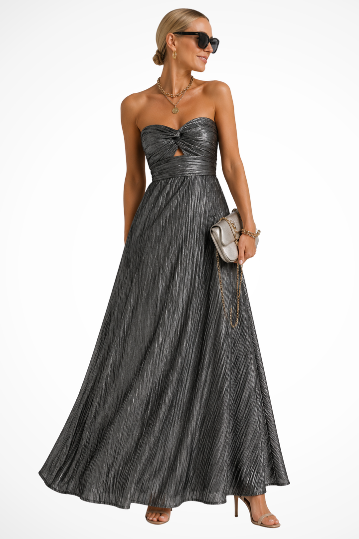 Sorvienne Strapless Twist Front Pleated Maxi Dress
