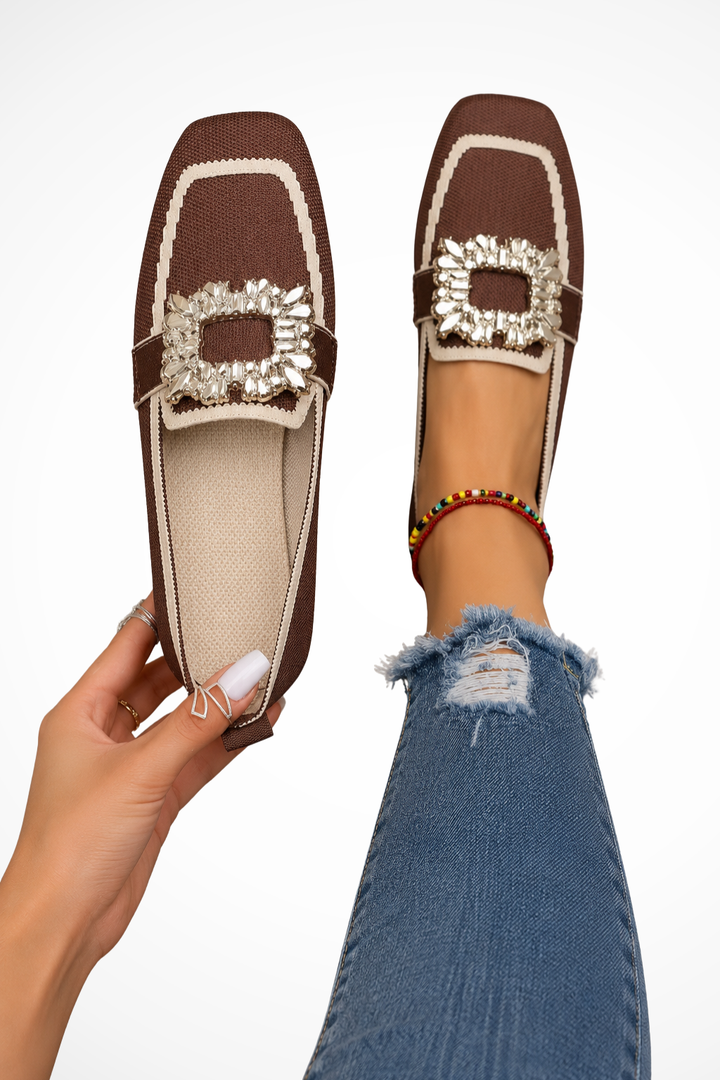 Sorvienne Embellished Square Toe Orthopaedic Loafers in Brown