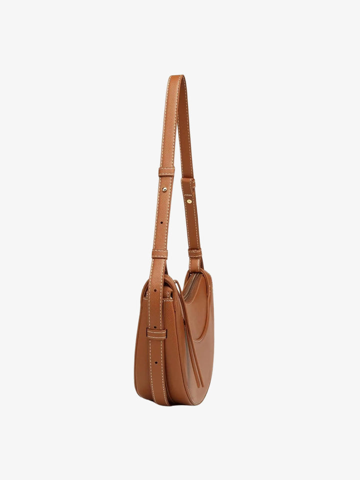Sorvienne Pebbled Leather Look Half Moon Bag in Tan