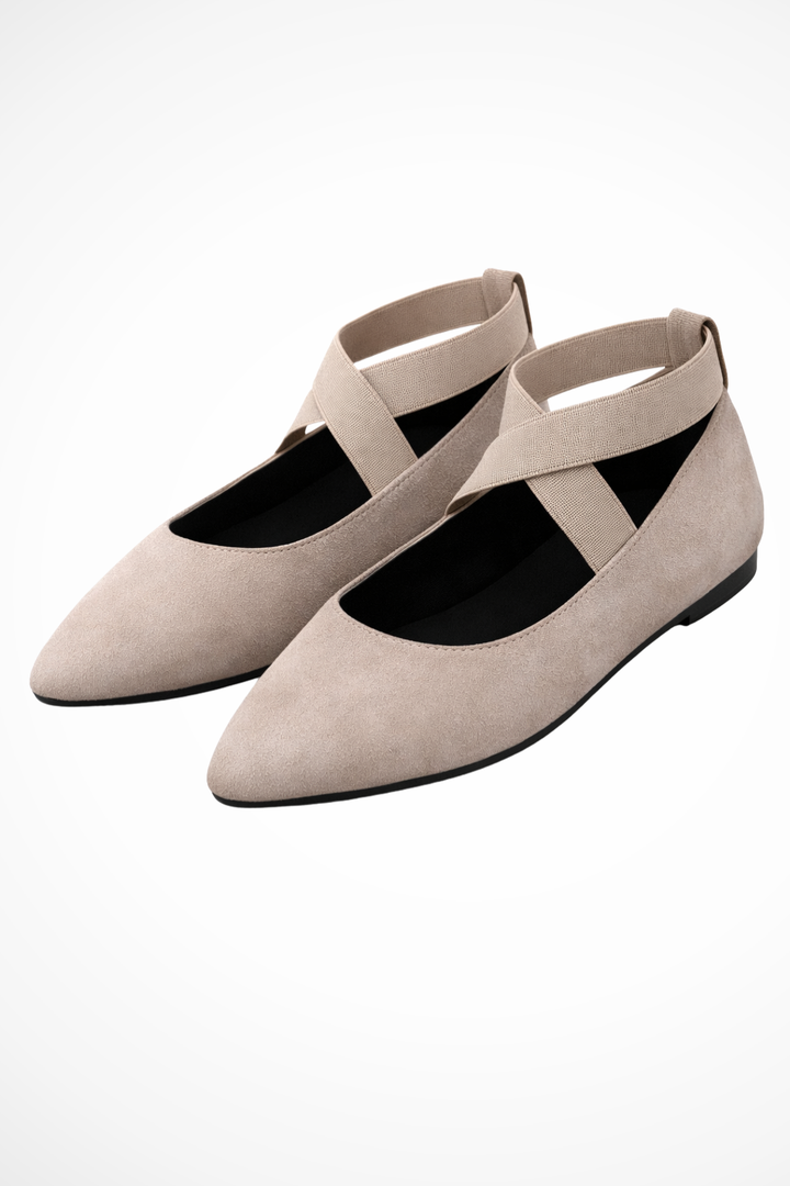 Sorvienne Women's Pointed Toe Ankle Strap Ballet Flats in Beige