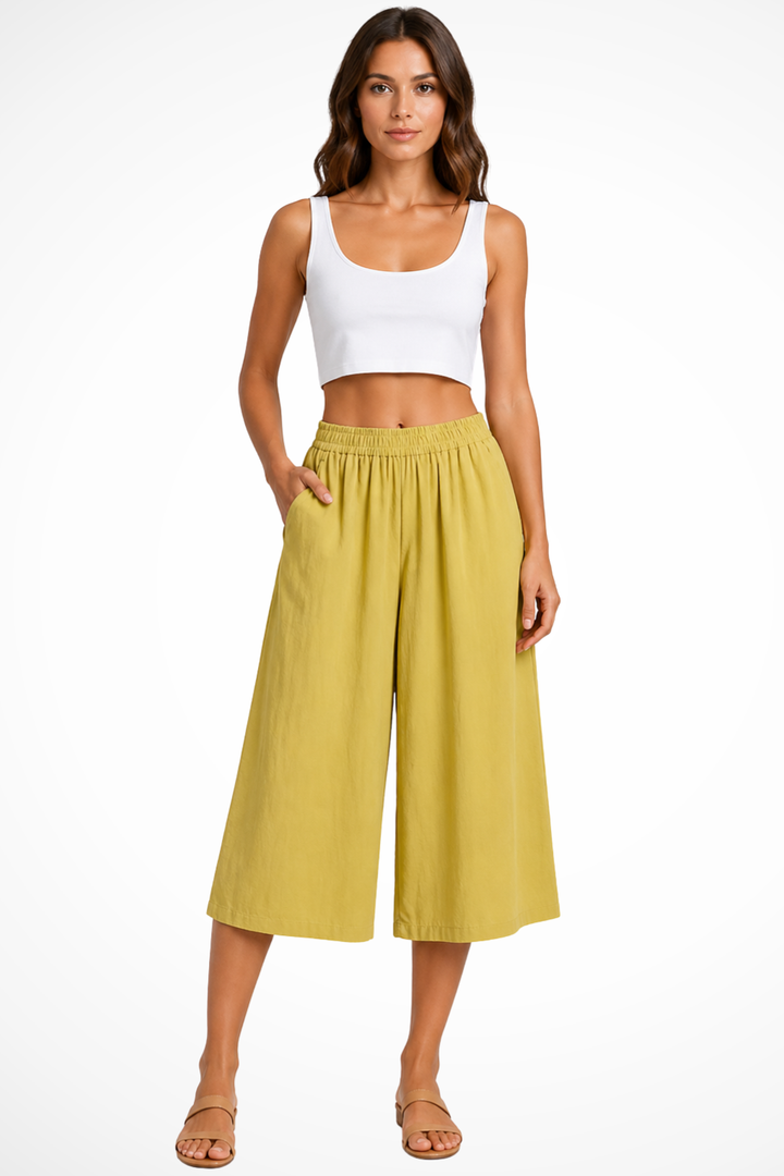 Sorvienne Women's Wide Leg Cropped Trousers in Yellow