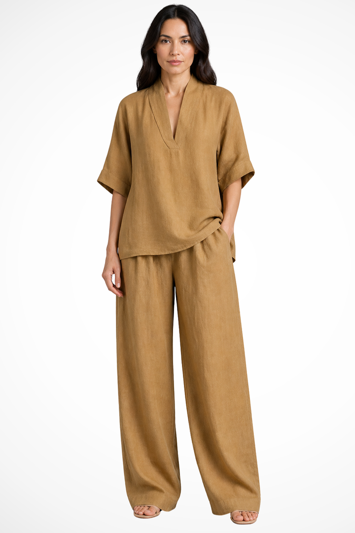 Sorvienne Women's Linen Wide Leg Co-Ord Set in Khaki