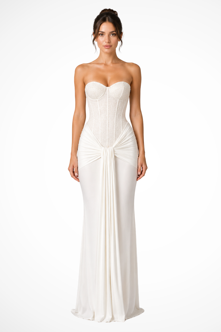Sorvienne Women's Lace Corset Strapless Draped Maxi Dress in White