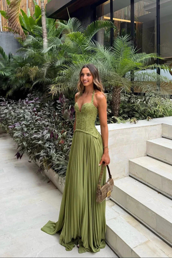 Sorvienne Halter Lace Corset Flowing Maxi Dress