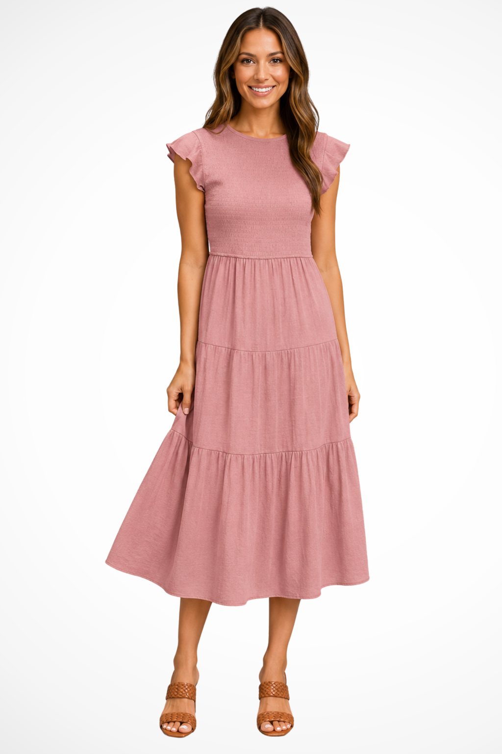 Sorvienne Shirred Tiered Relaxed Midi Dress in Pink