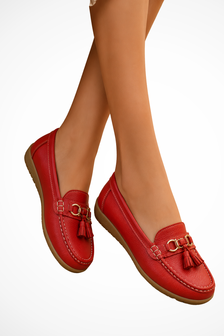 Sorvienne Tassel Leather Orthopaedic Loafers in Red