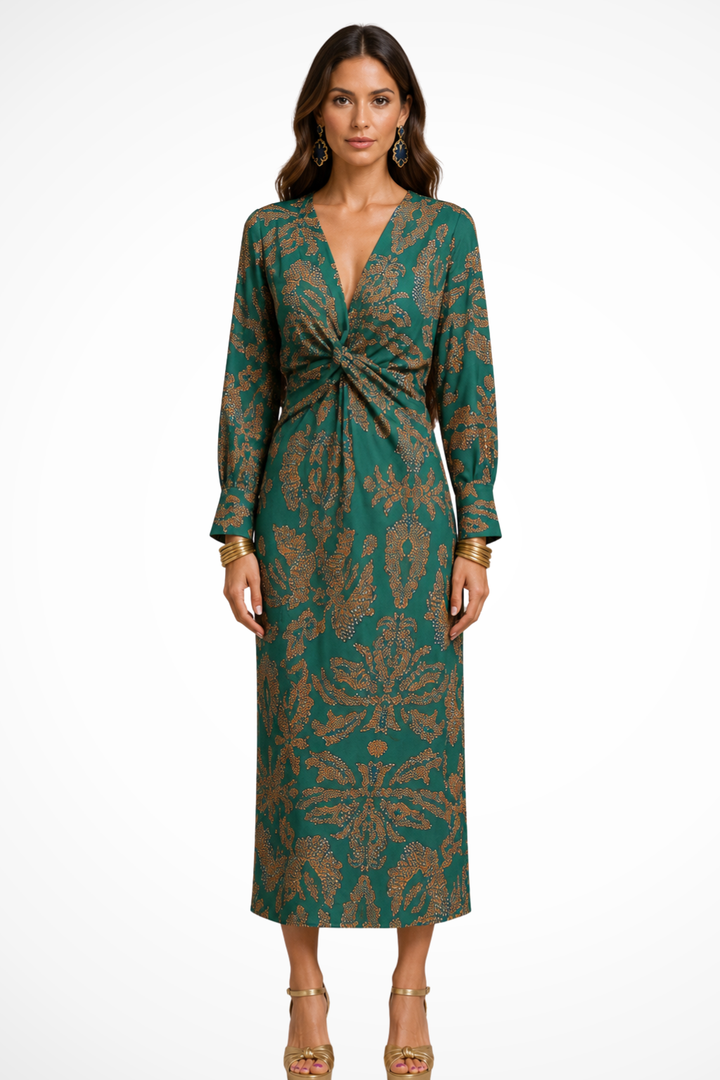 Sorvienne V-Neck Twist Front Printed Midi Dress in Green