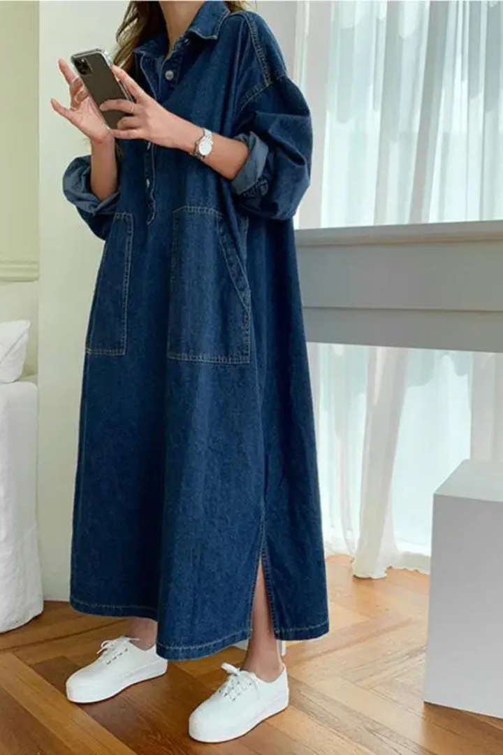 Sorvienne Women's Oversized Denim Maxi Dress with Pockets