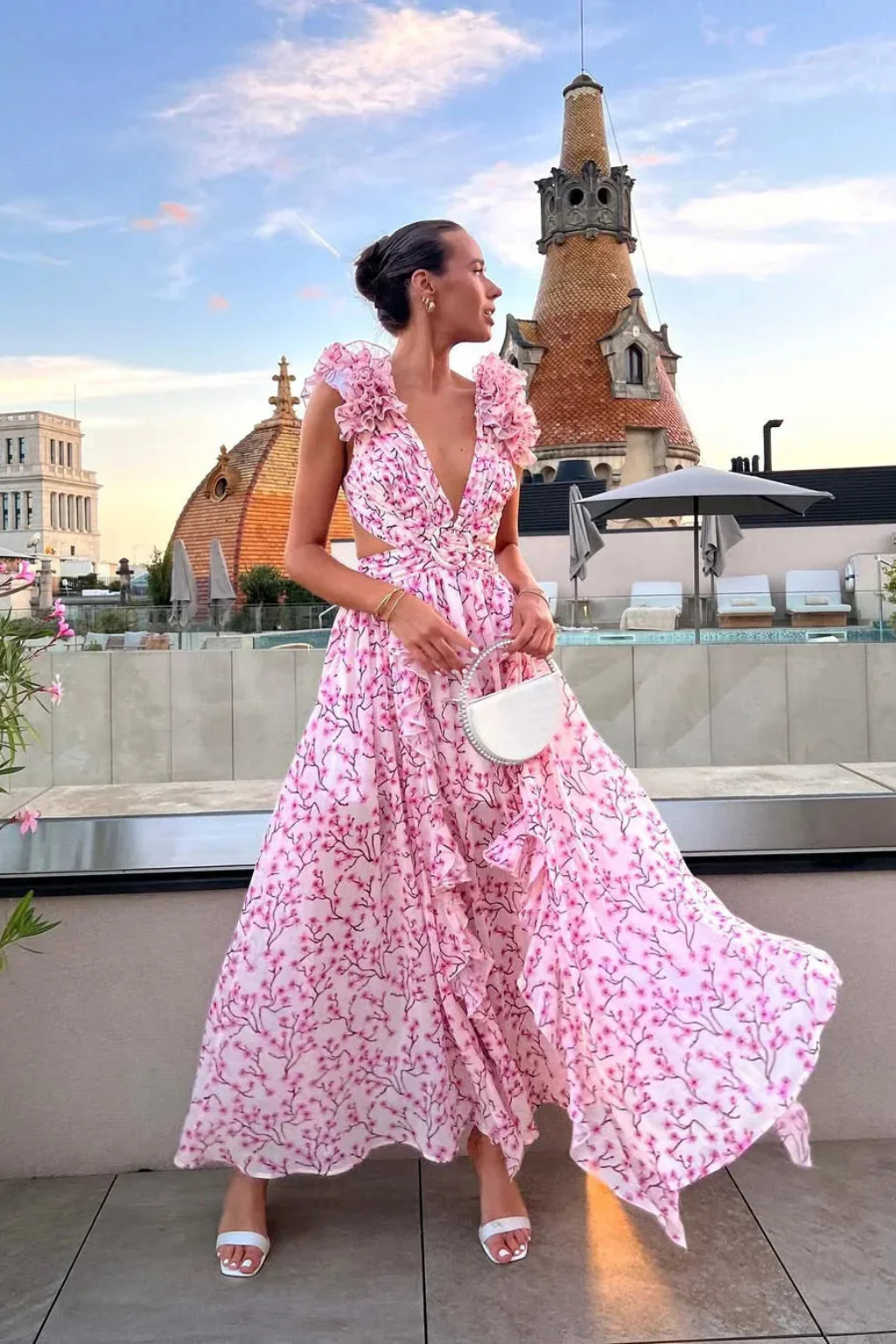 Sorvienne Floral Ruffle V-Neck Flowing Maxi Dress in Pink