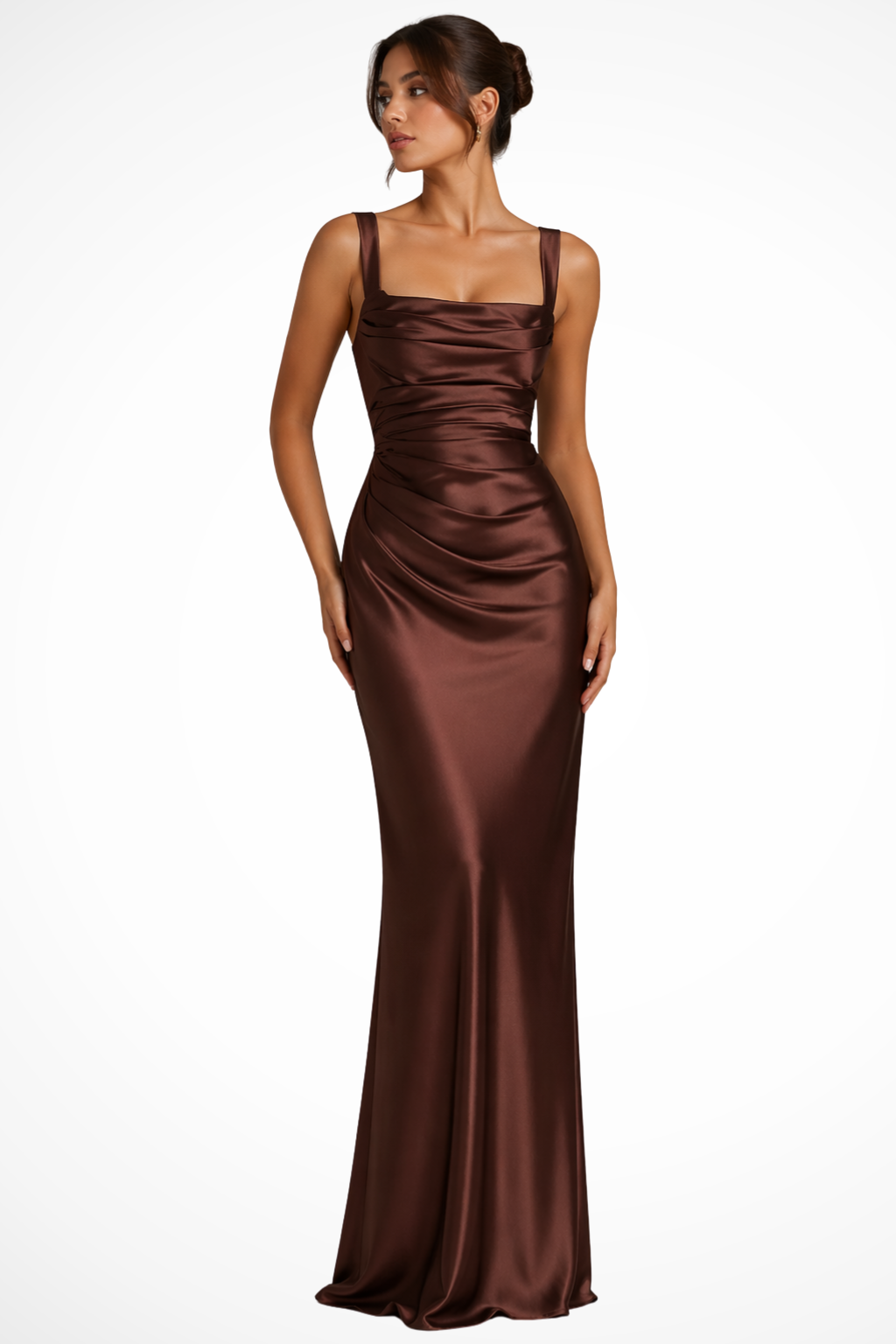 Satin Ruched Maxi Dress Brown – Sorvienne