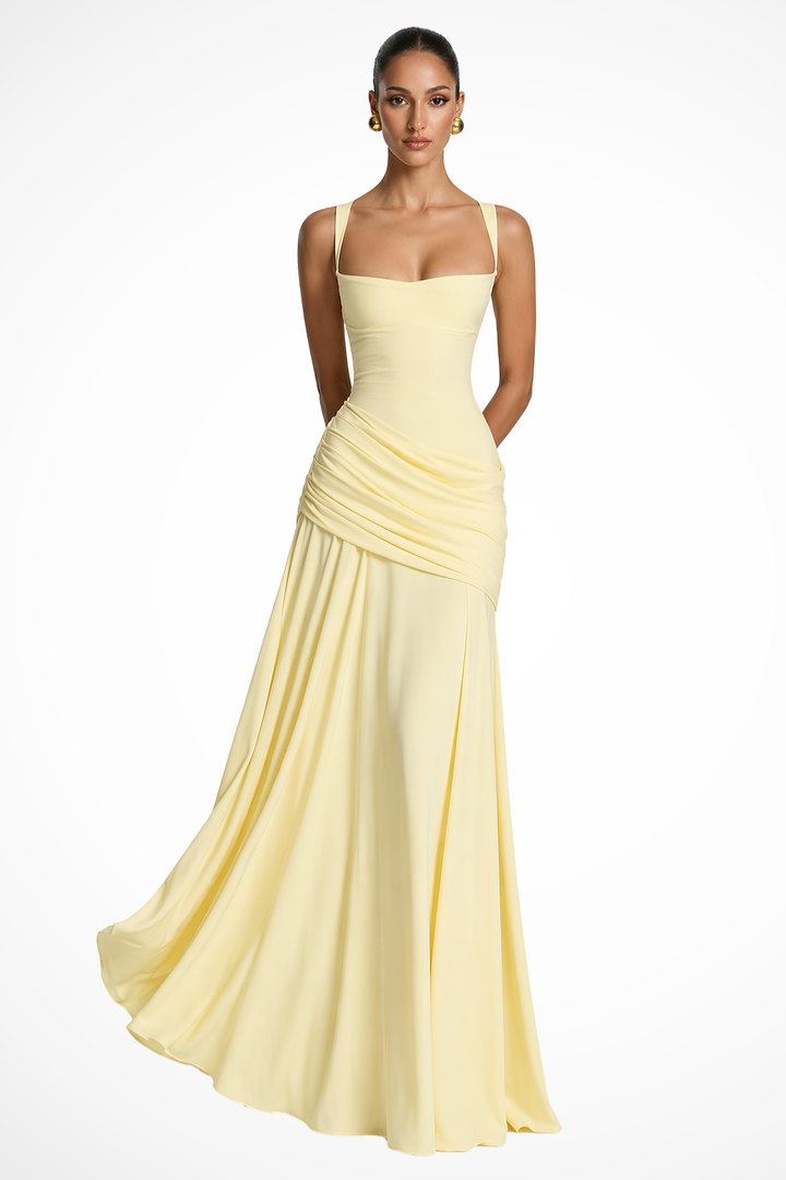 Sorvienne Women's Square Neck Ruched Maxi Dress in Yellow