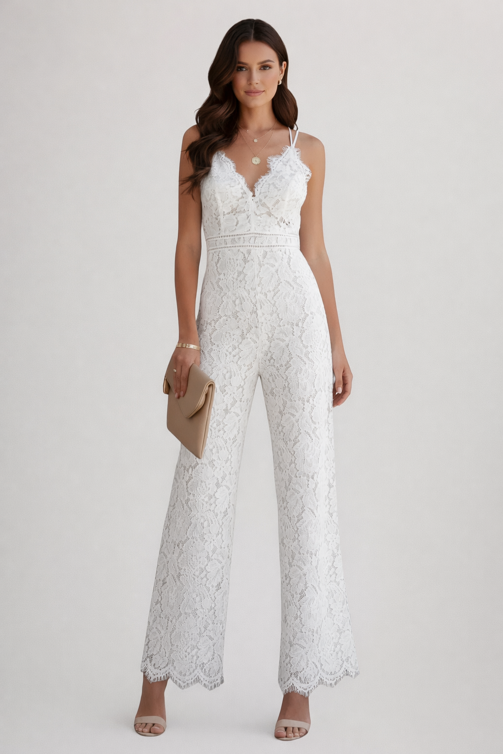 Sorvienne Women's Lace V-Neck Strappy Wide Leg Jumpsuit