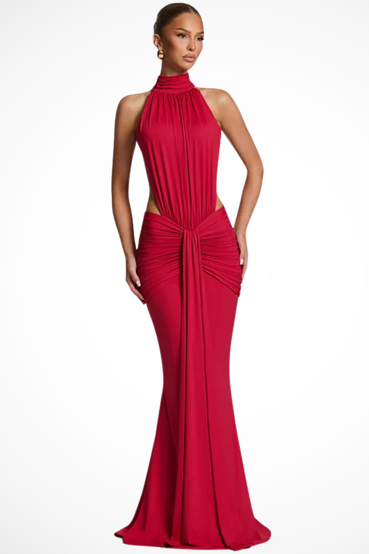 Sorvienne Women's High Neck Backless Ruched Maxi Dress in Red