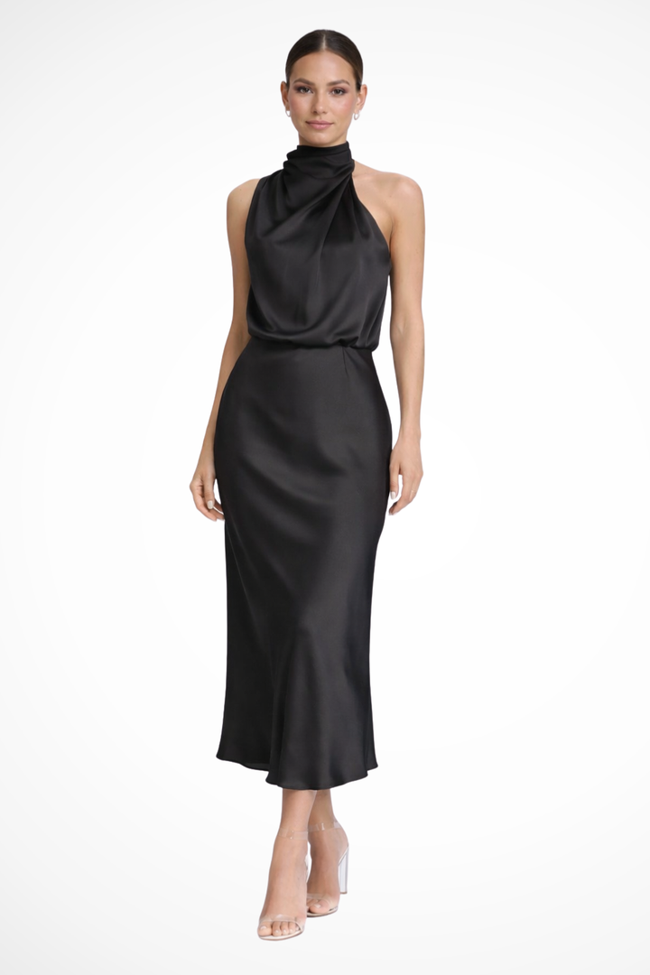 Sorvienne Women's Satin Halter Neck Midi Dress in Black
