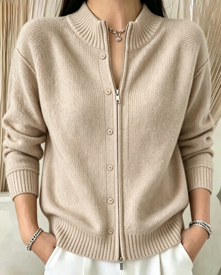 Sorvienne Mock Neck Zip Through Cardigan in Beige