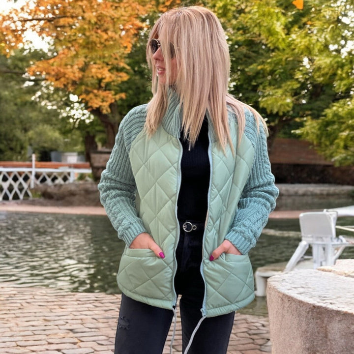 Sorvienne Relaxed Quilted Jacket with Knit Sleeves in Mint
