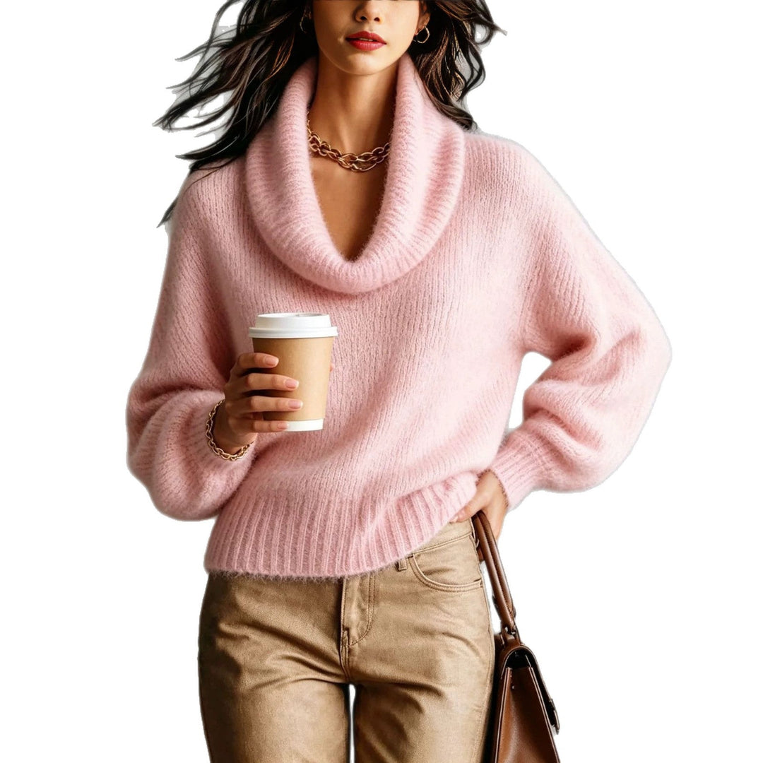 Sorvienne Relaxed Fluffy Knit Cowl Neck Jumper in Pink