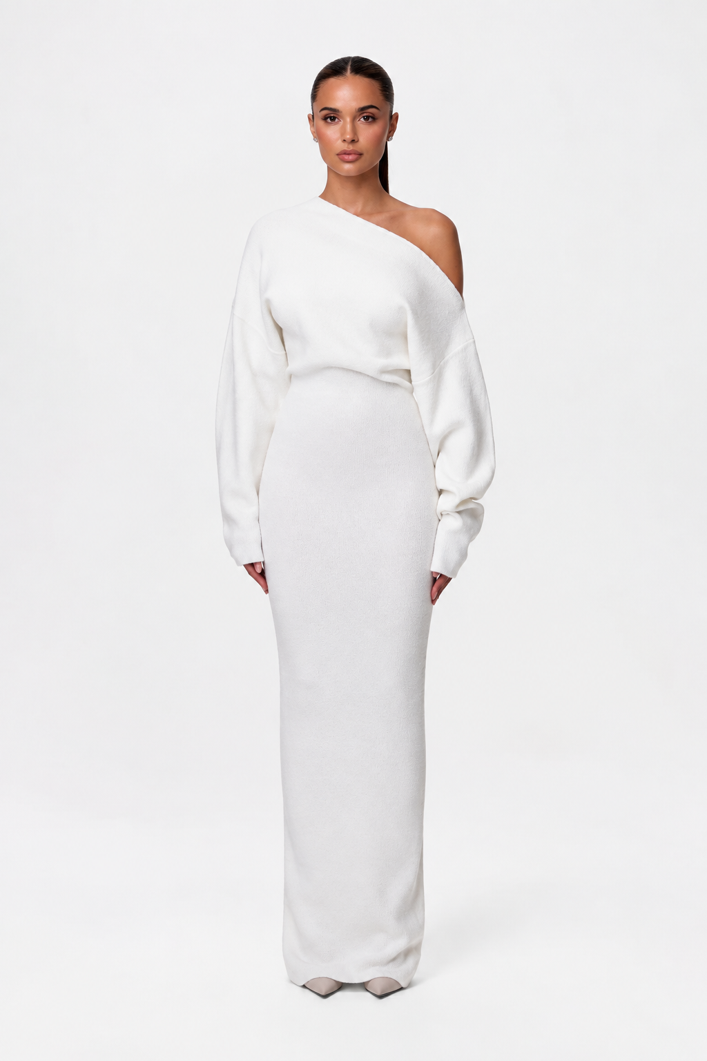 Sorvienne Slim Asymmetric Off Shoulder Knit Dress in Ivory