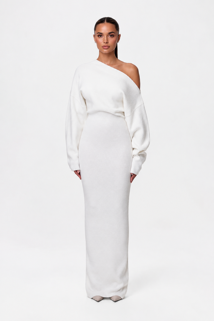 Sorvienne Slim Asymmetric Off Shoulder Knit Dress in Ivory