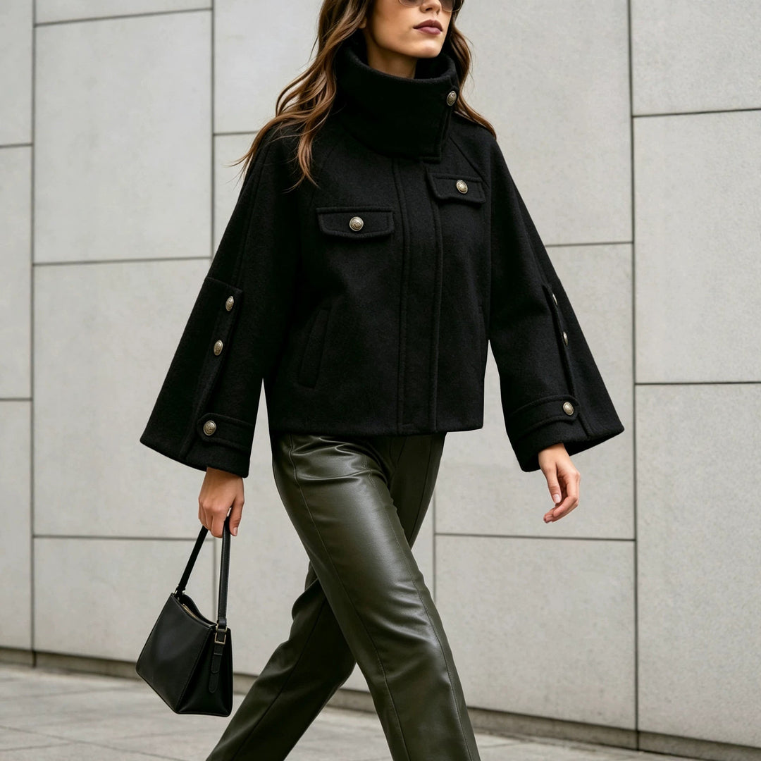 Sorvienne Relaxed Stand Collar Button Cape Jacket