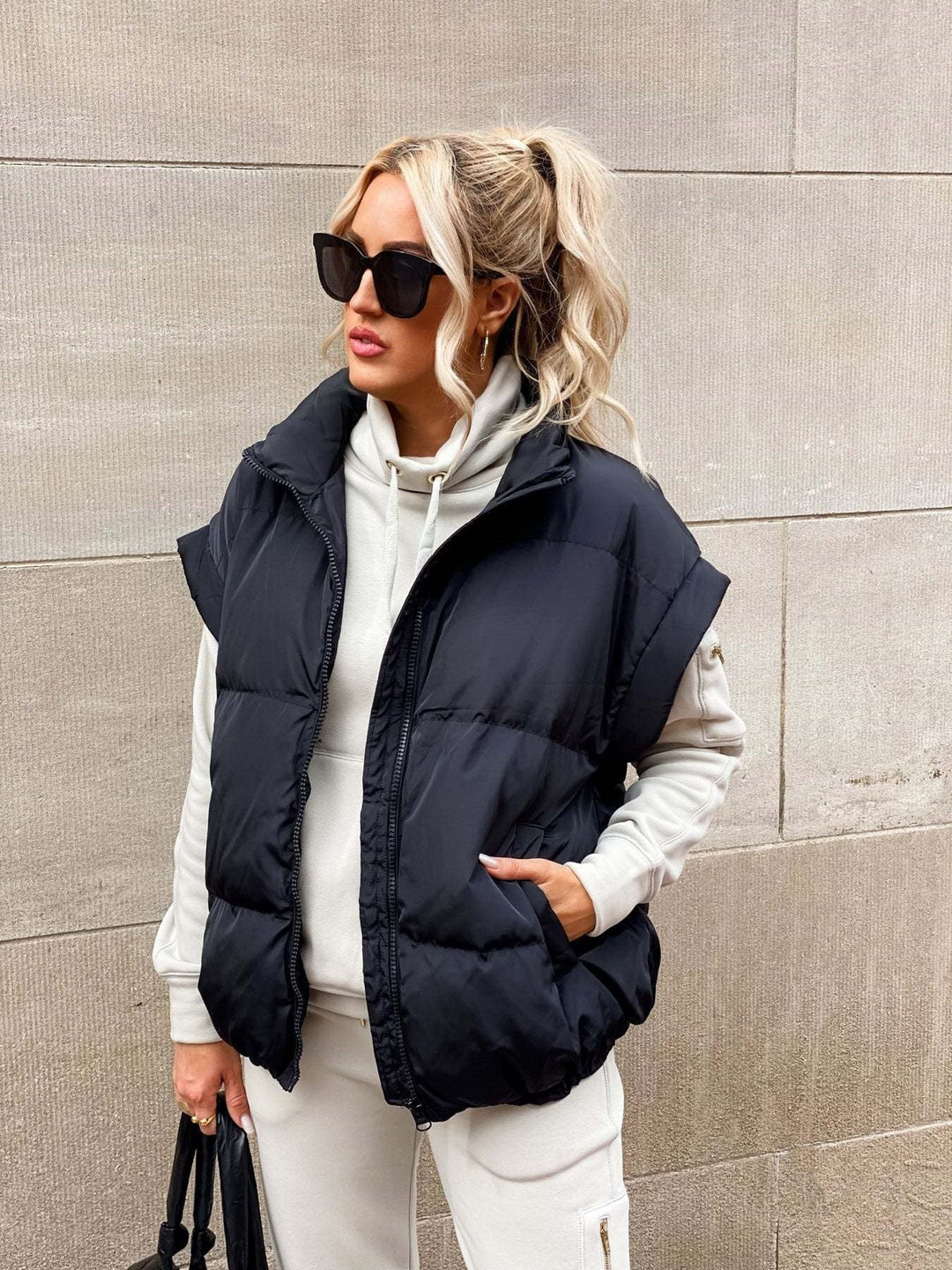 Sorvienne Oversized High Neck Padded Gilet in Black