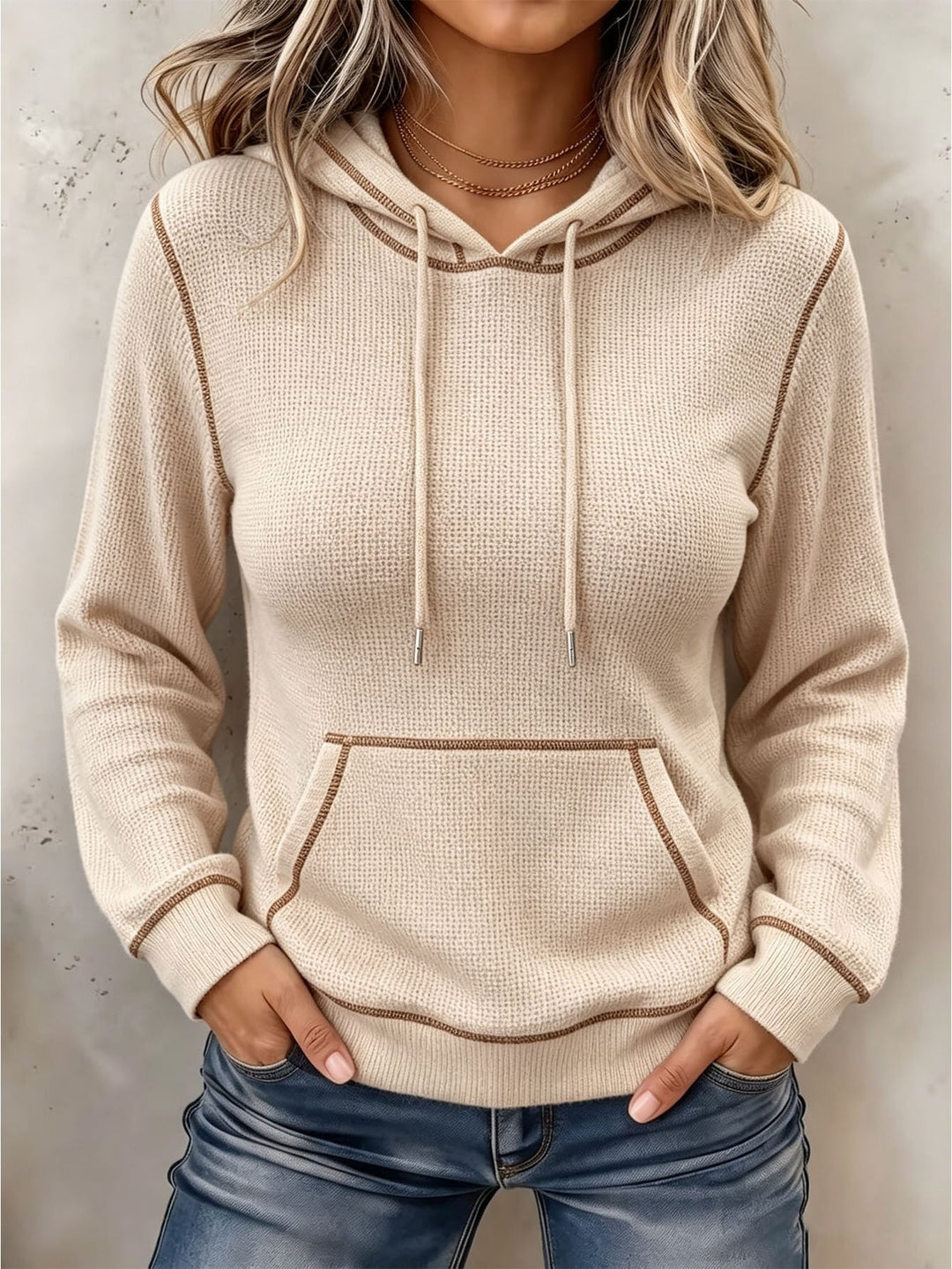 Sorvienne Relaxed Contrast Stitch Knitted Hoodie in Beige