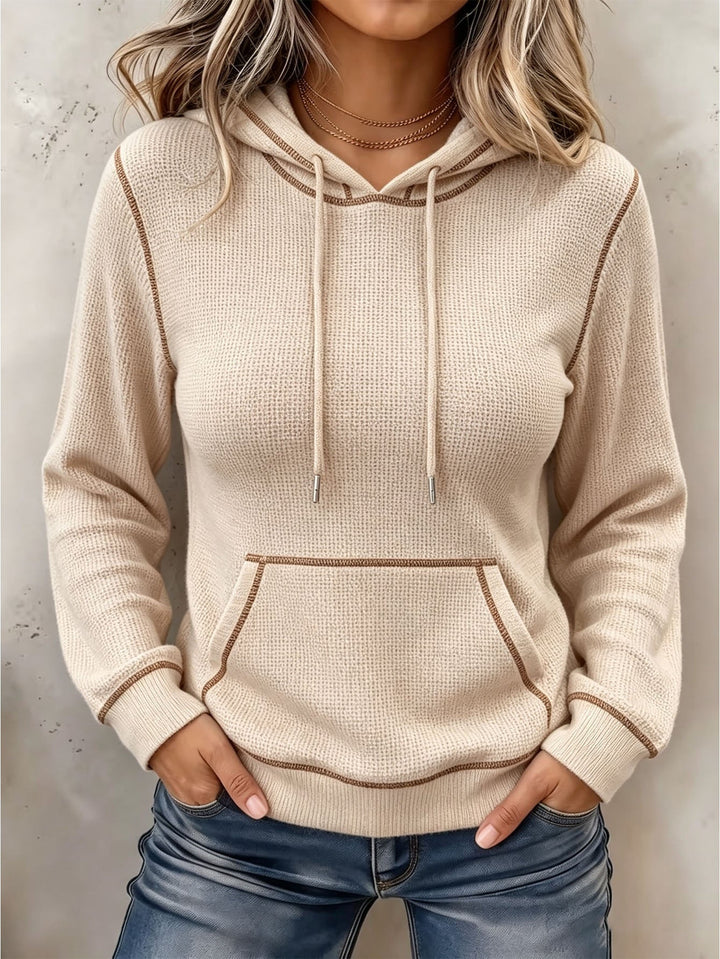 Sorvienne Relaxed Contrast Stitch Knitted Hoodie in Beige