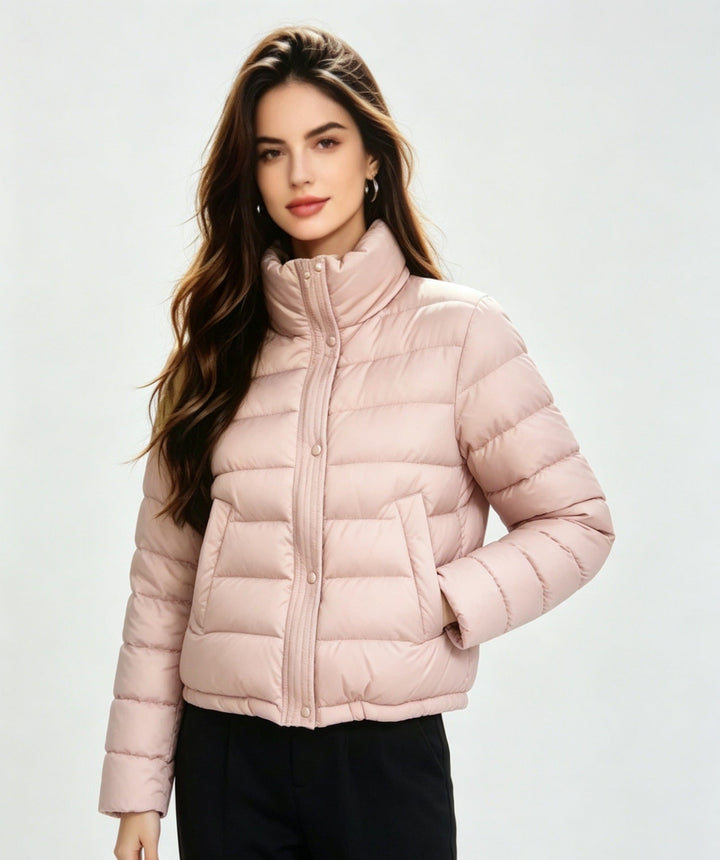 Sorvienne Relaxed Funnel Neck Cropped Puffer Jacket in Pink