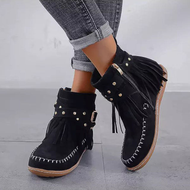 Sorvienne Flat Buckle Strap Fringe Ankle Boots in Black