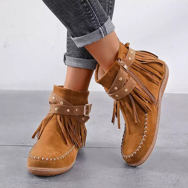 Sorvienne Flat Buckle Strap Fringe Ankle Boots in Tan