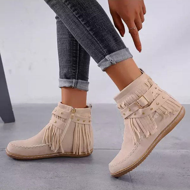 Sorvienne Flat Buckle Strap Fringe Ankle Boots in Beige