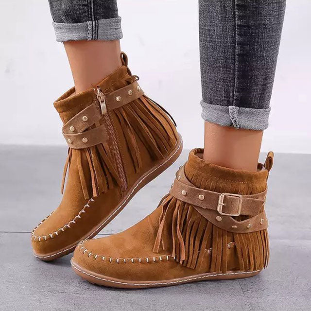 Sorvienne Flat Buckle Strap Fringe Ankle Boots in Tan