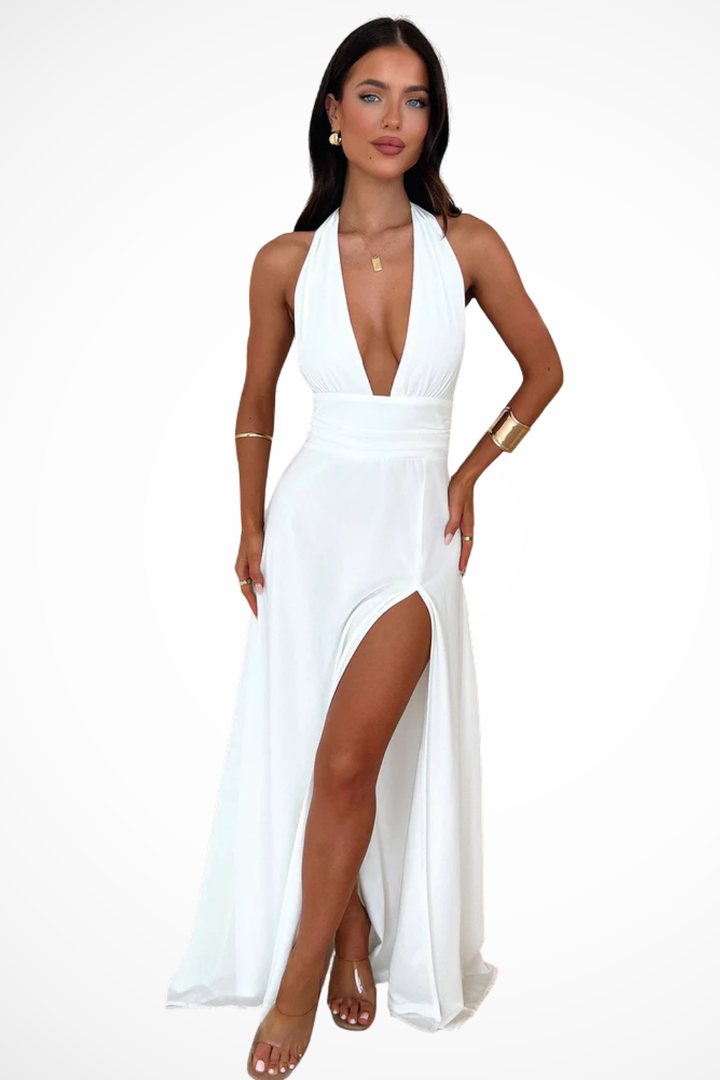 Sorvienne Women's Halter Neck Side Slit Maxi Dress in White