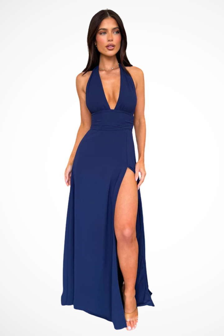 Sorvienne Women's Halter Neck Side Slit Maxi Dress in Navy Blue