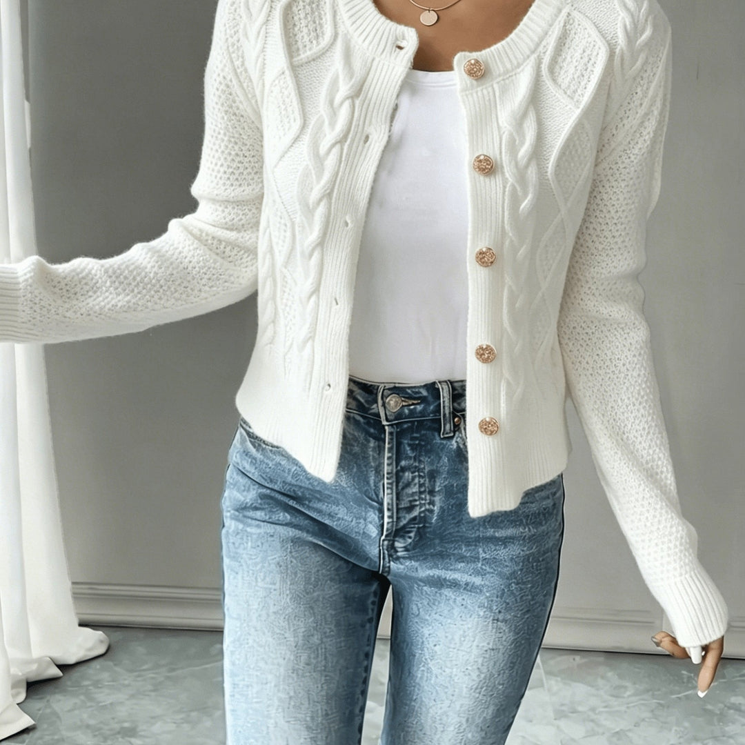 Sorvienne Cropped Cable Knit Cardigan in White
